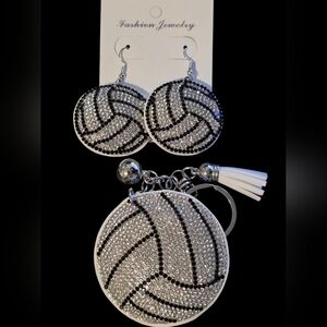 Volleyball Rhinestone Earrings & Keychain Set – Sparkly Bag Charm + Jewelry